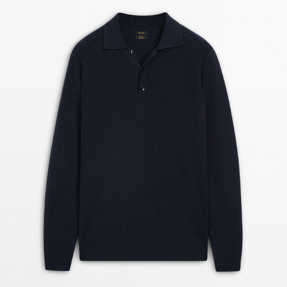 Свитер Massimo Dutti Wool And Cotton Blend Knit Polo, темно-синий свитер massimo dutti wool blend knit polo бежевый