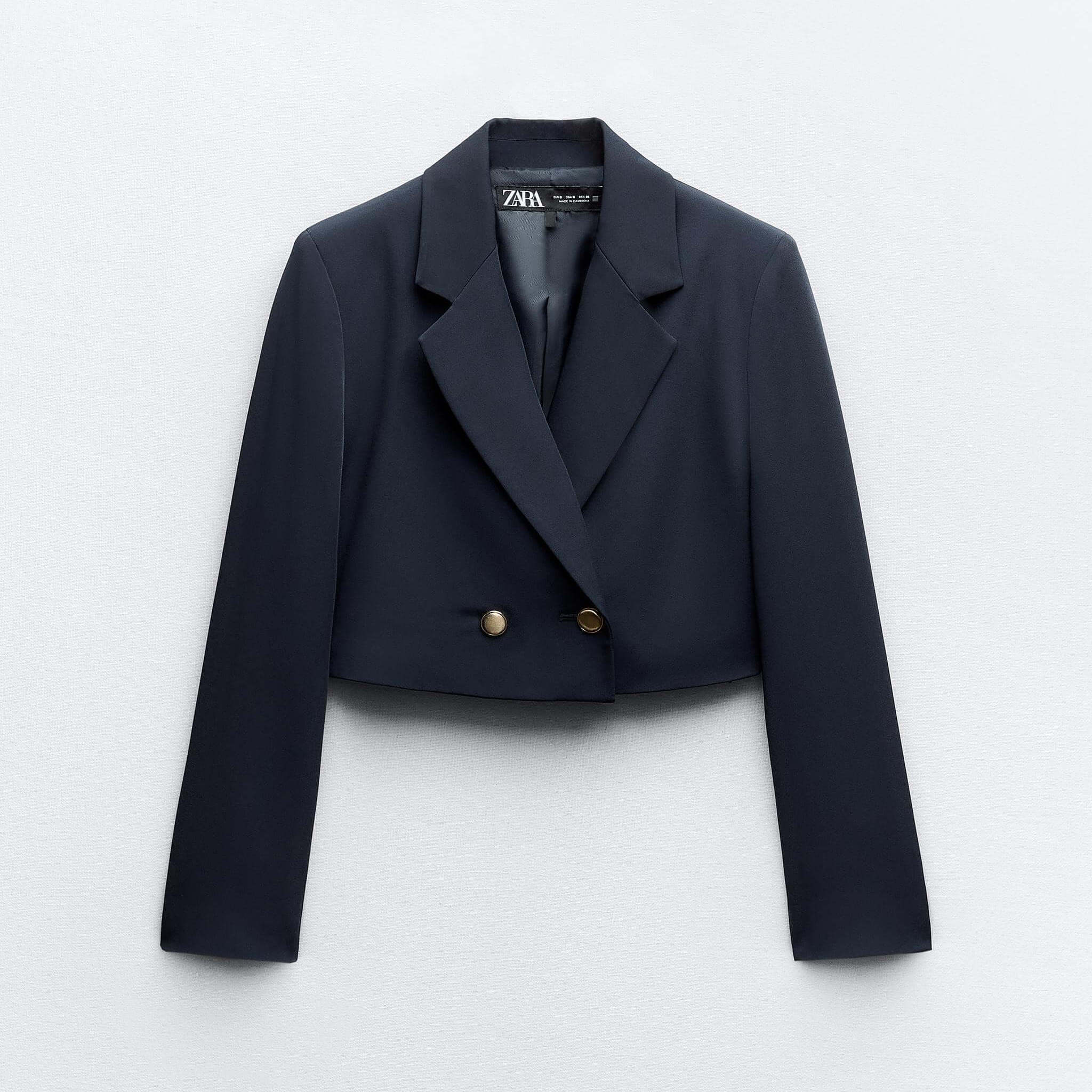 Блейзер Zara Cropped Buttoned, темно-синий блейзер удлиненный zara buttoned longline черный