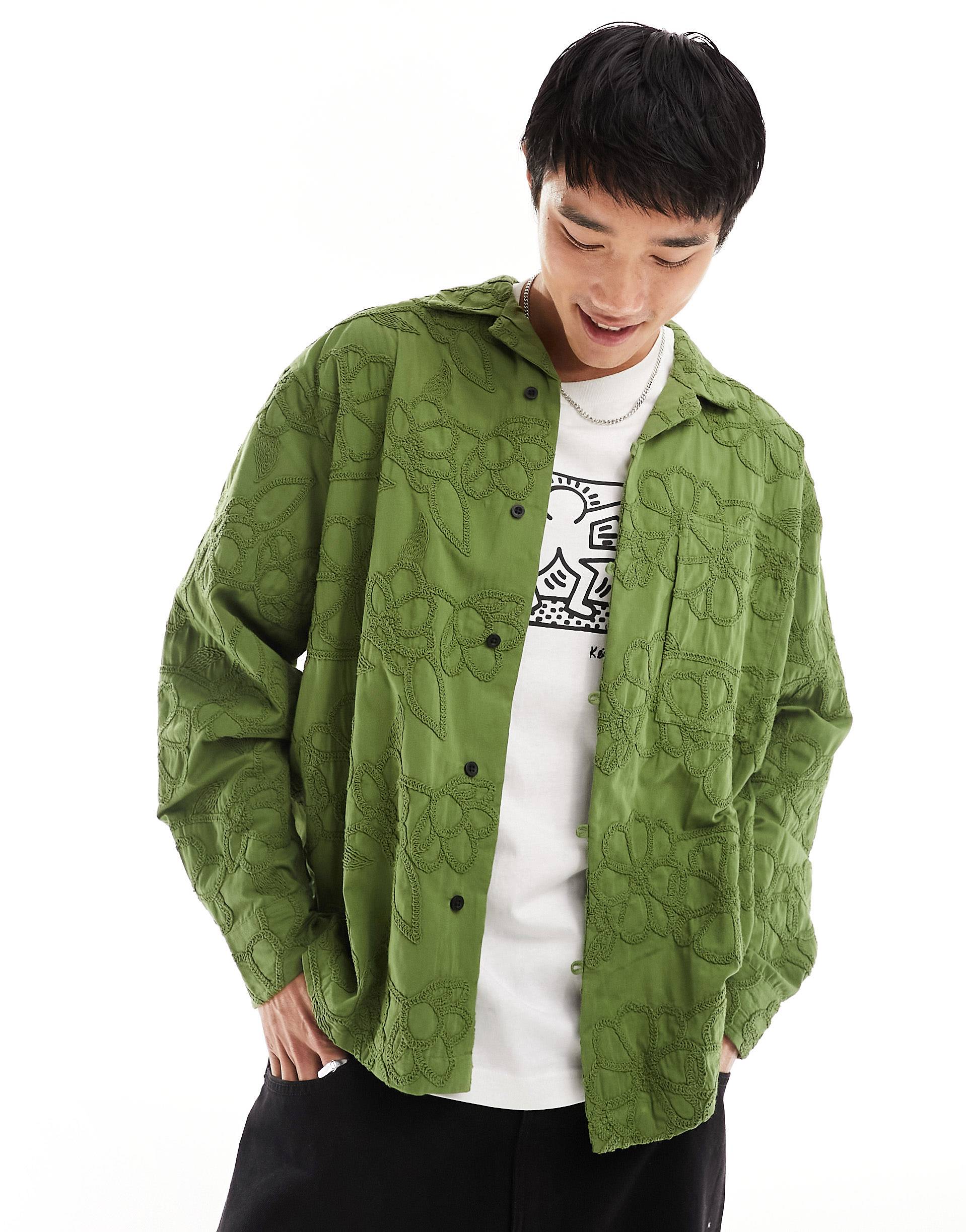 Рубашка Asos Design Oversize All Over Embroidered, зеленый