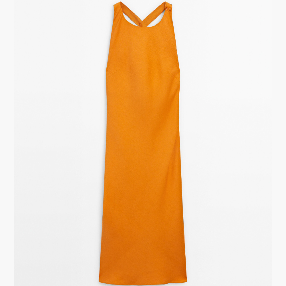 Платье Massimo Dutti Linen Blend Midi With Roll Back, оранжевый