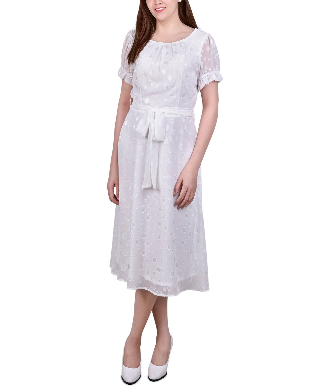 цена Миниатюрное платье в горошек с поясом и короткими рукавами NY Collection, мульти
