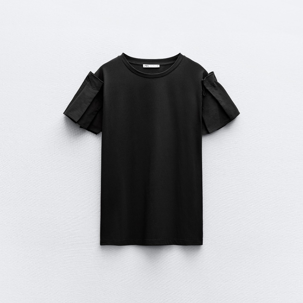 Футболка Zara Contrast With Full Sleeves, черный блейзер zara with rolled up sleeves черный
