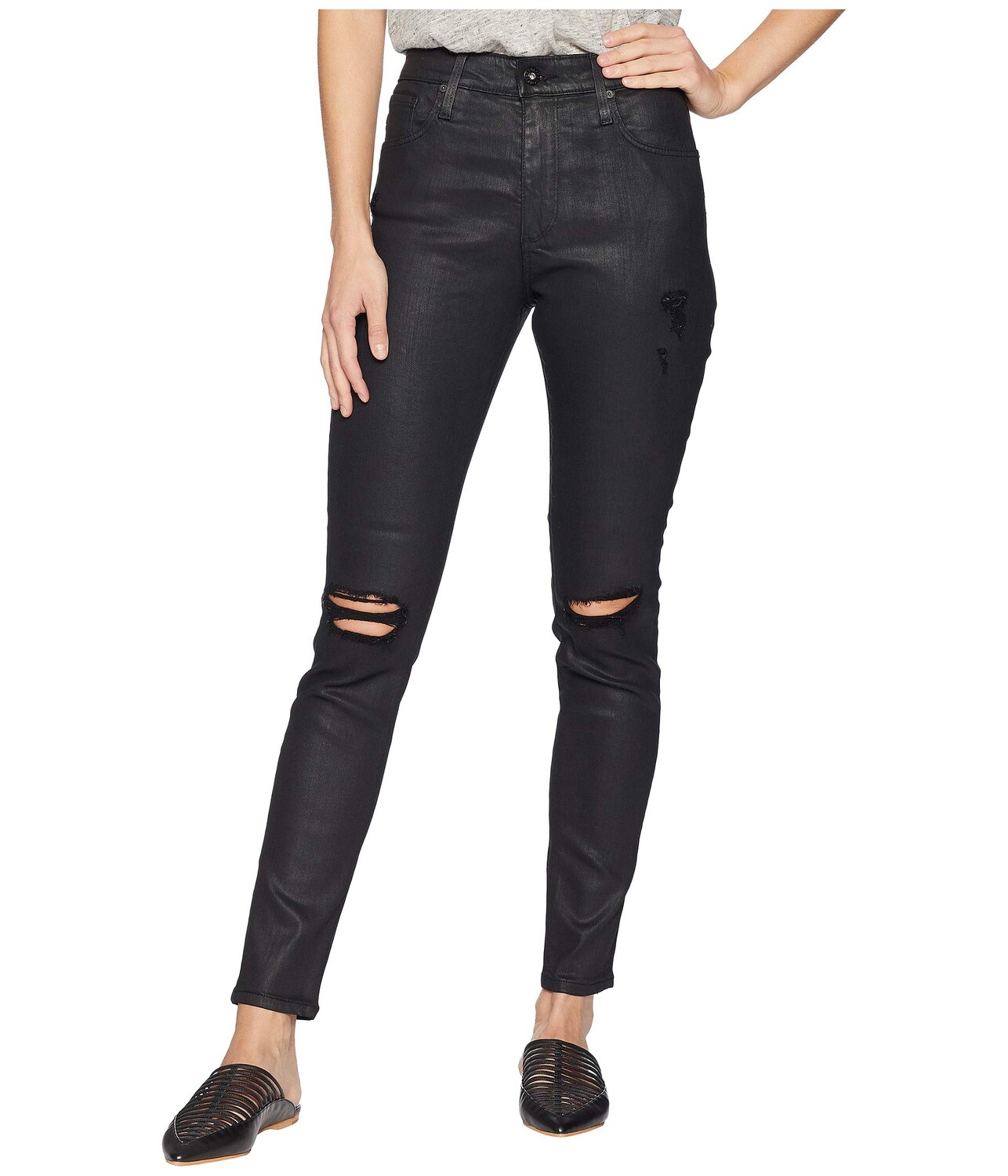 

Брюки с высокой посадкой AG Adriano Goldschmied, Farrah Skinny Ankle in Lacquered Distressed Pure Black