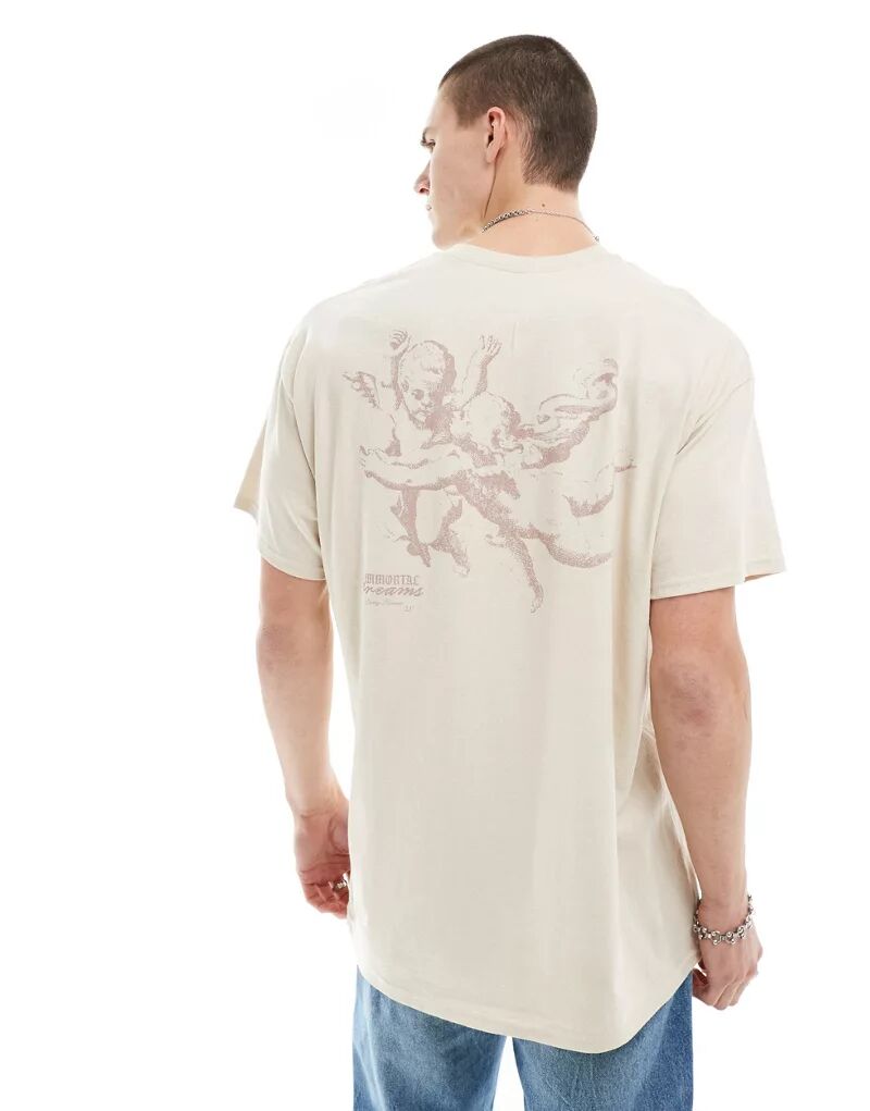 Бежевая футболка оверсайз с принтом ангела на спине ASOS