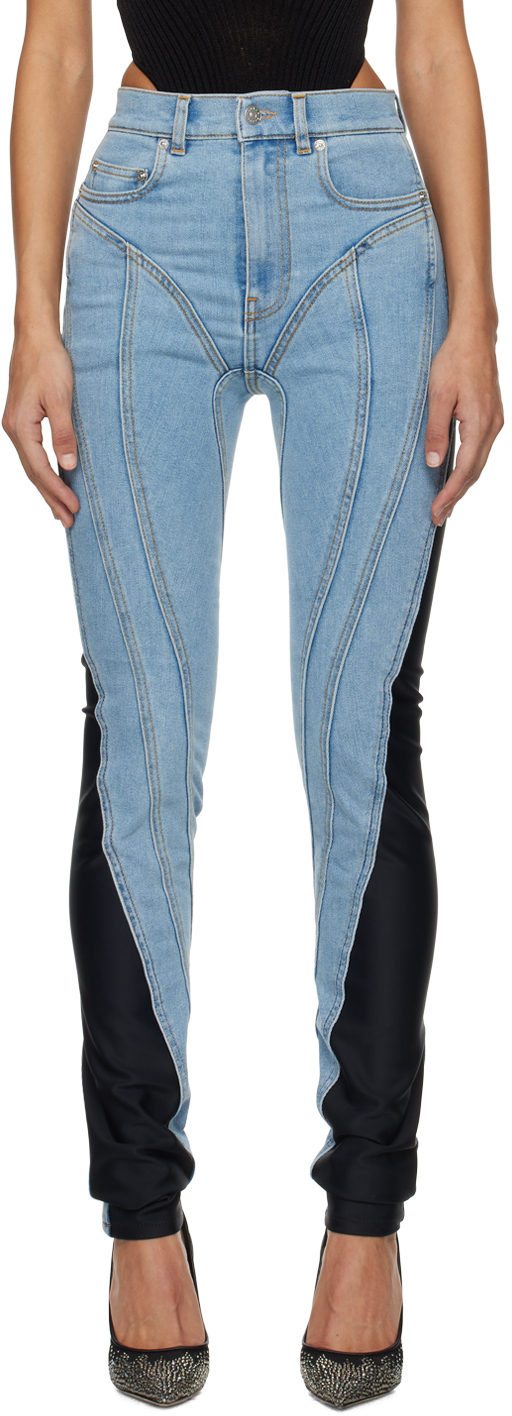 цена Синие и черные джинсы из двух материалов в форме спирали Mugler