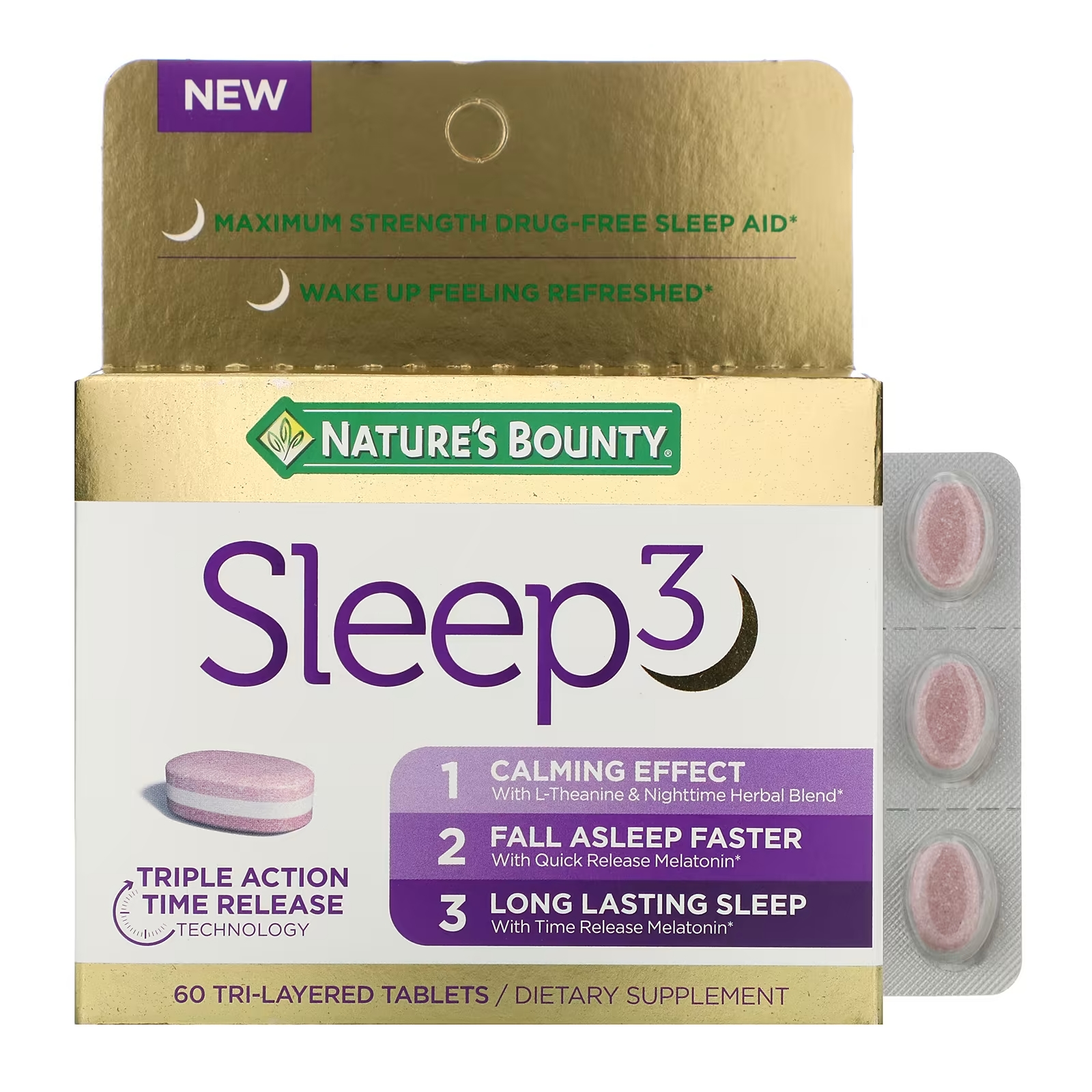 Nature's Bounty Sleep 3 эффективное средство для улучшения качества сна, 60 трехслойных таблеток