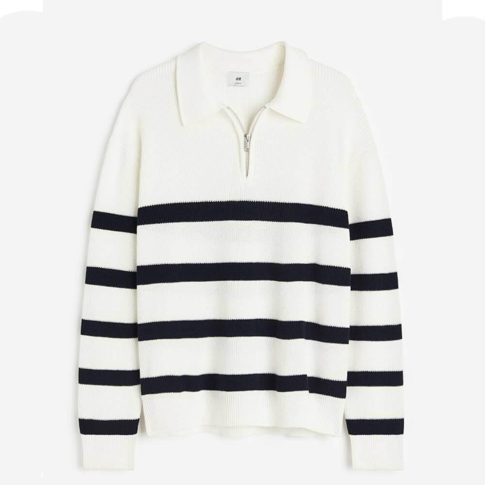 

Джемпер H&M Loose Fit Half-zip Polo, белый/темно-синий