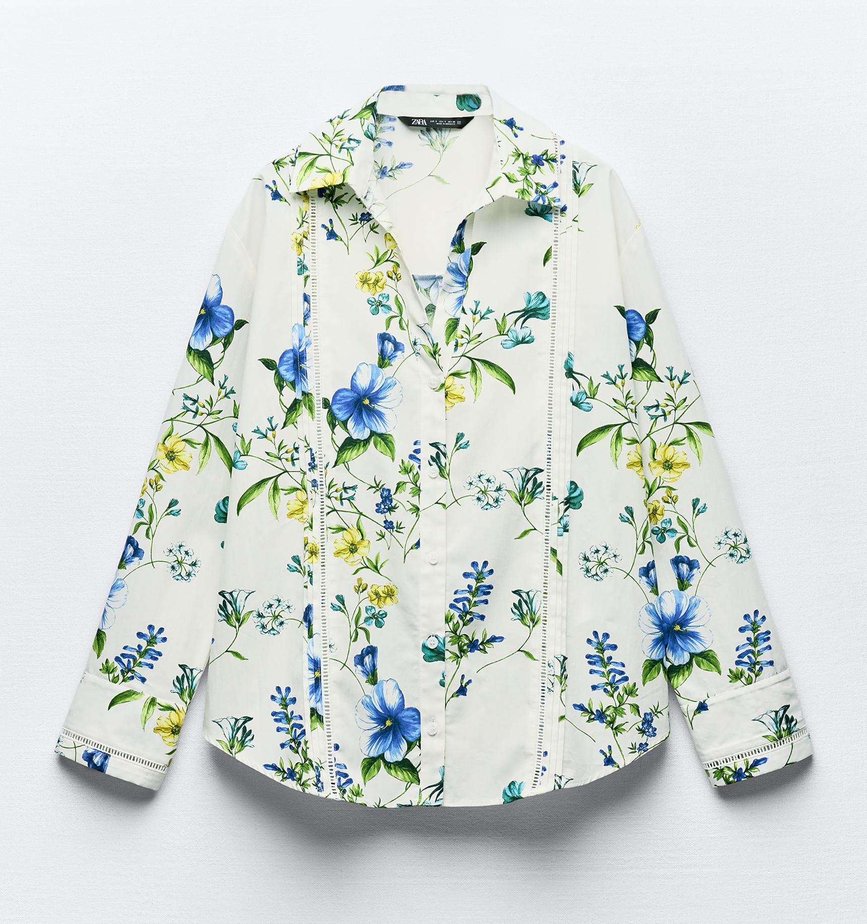 цена Рубашка Zara Floral Print, белый/зеленый