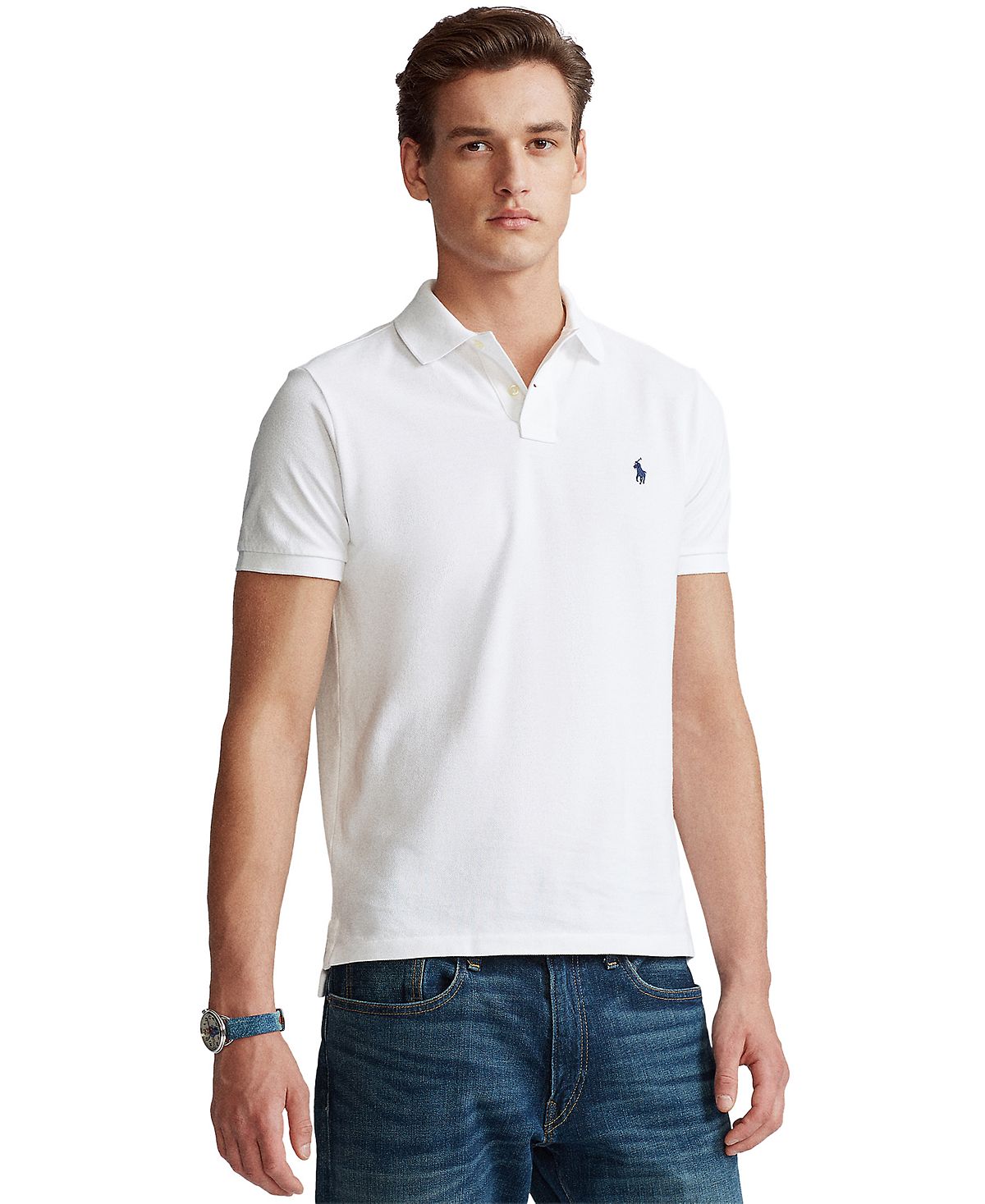 Мужская футболка-поло slim fit из сетчатой ​​ткани на заказ Polo Ralph Lauren, белый - фото