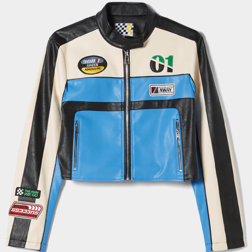 

Куртка Bershka Faux Leather Racing, голубой/черный/бежевый