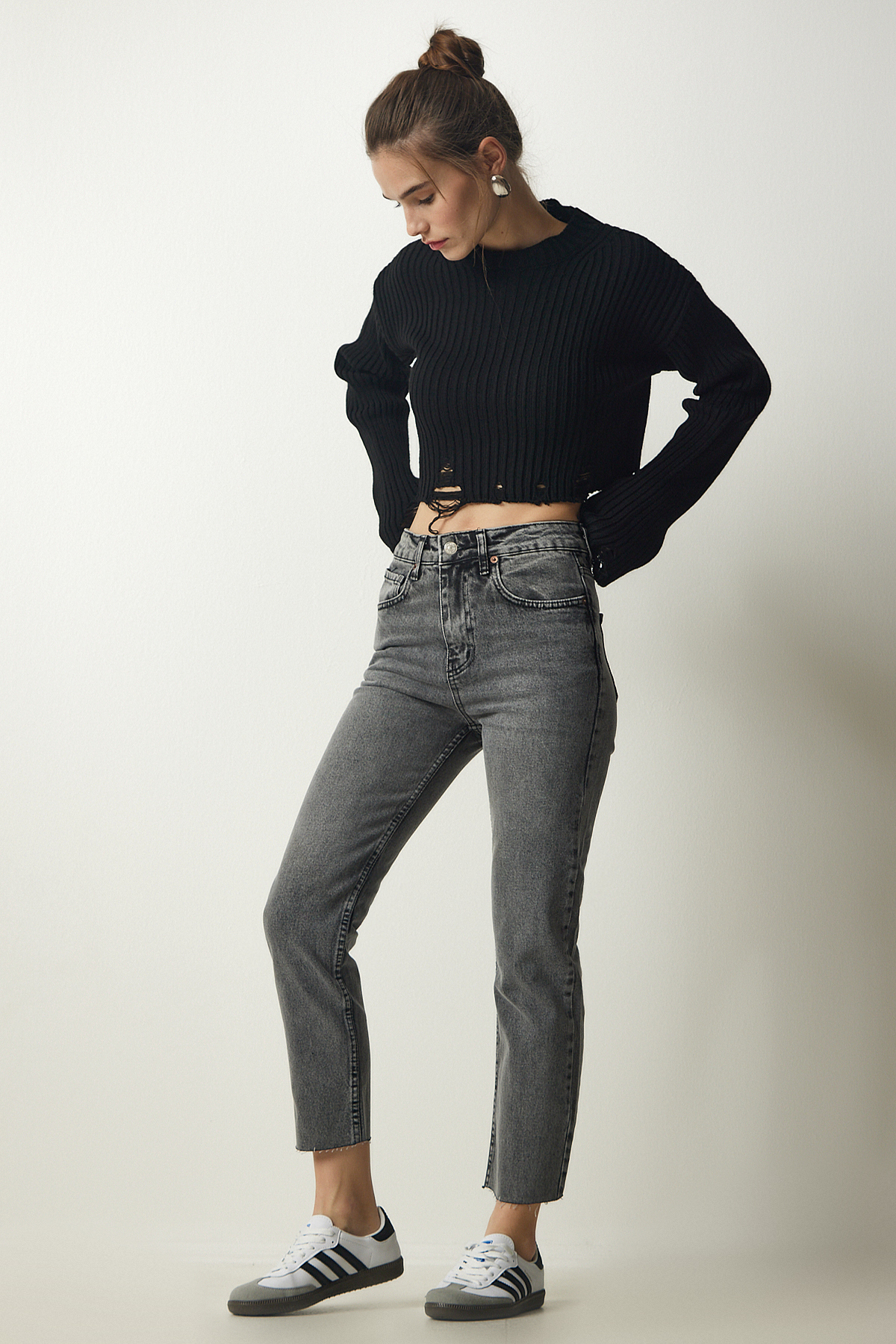 Женские серые джинсовые брюки с высокой талией Happiness İstanbul, серый