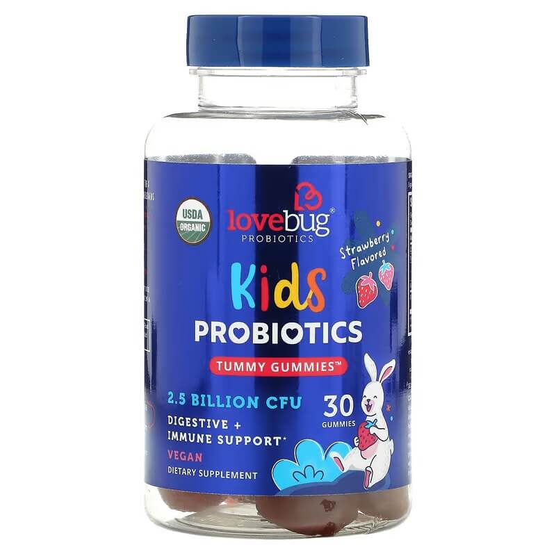 Детские пробиотики для живота со вкусом клубники LoveBug Probiotics 2,5 миллиарда КОЕ, 30 конфет lovebug probiotics пробиотики для детей с ягодным вкусом 10 млрд кое 30 жевательных таблеток