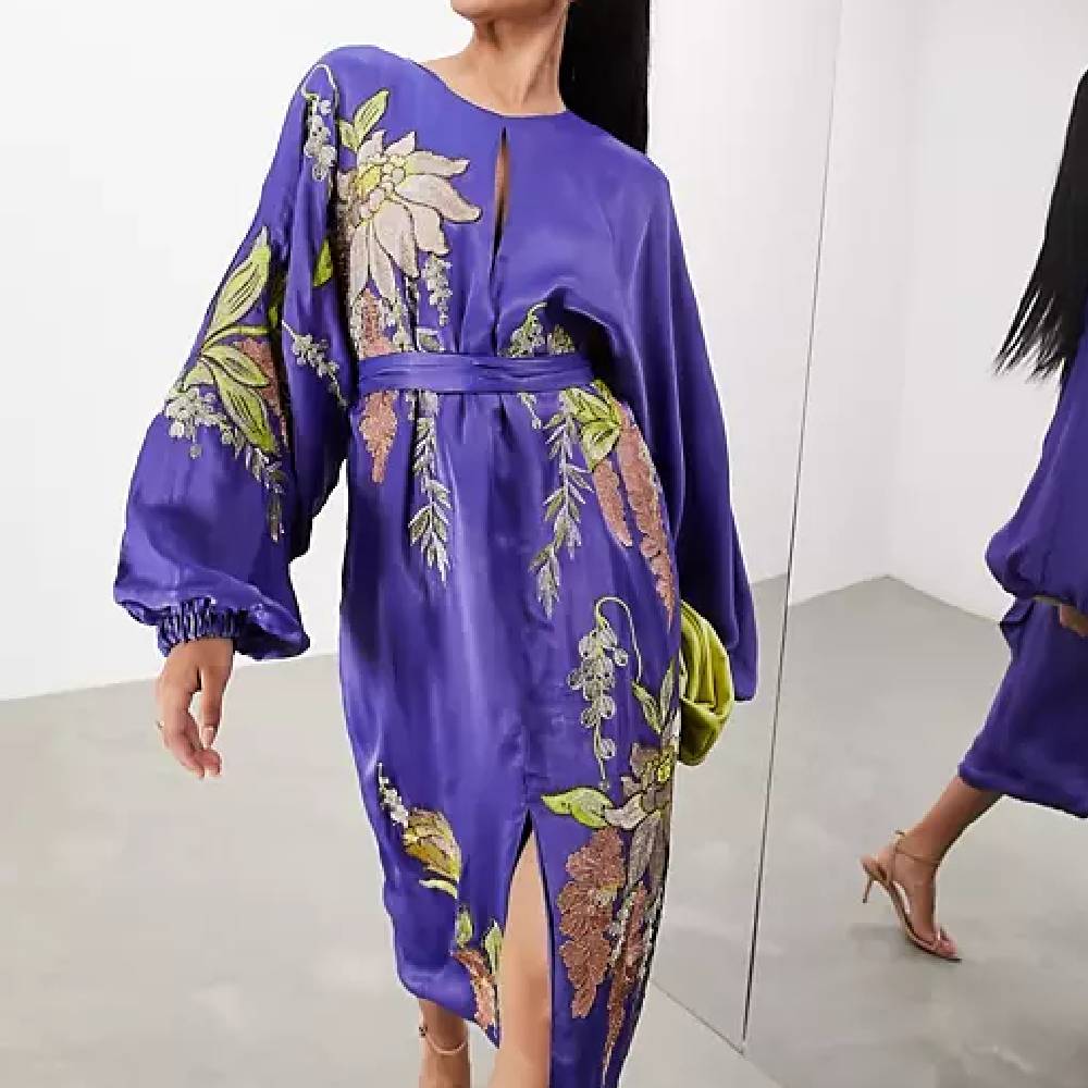 Платье Asos Edition Satin Floral Embroidered, фиолетовый