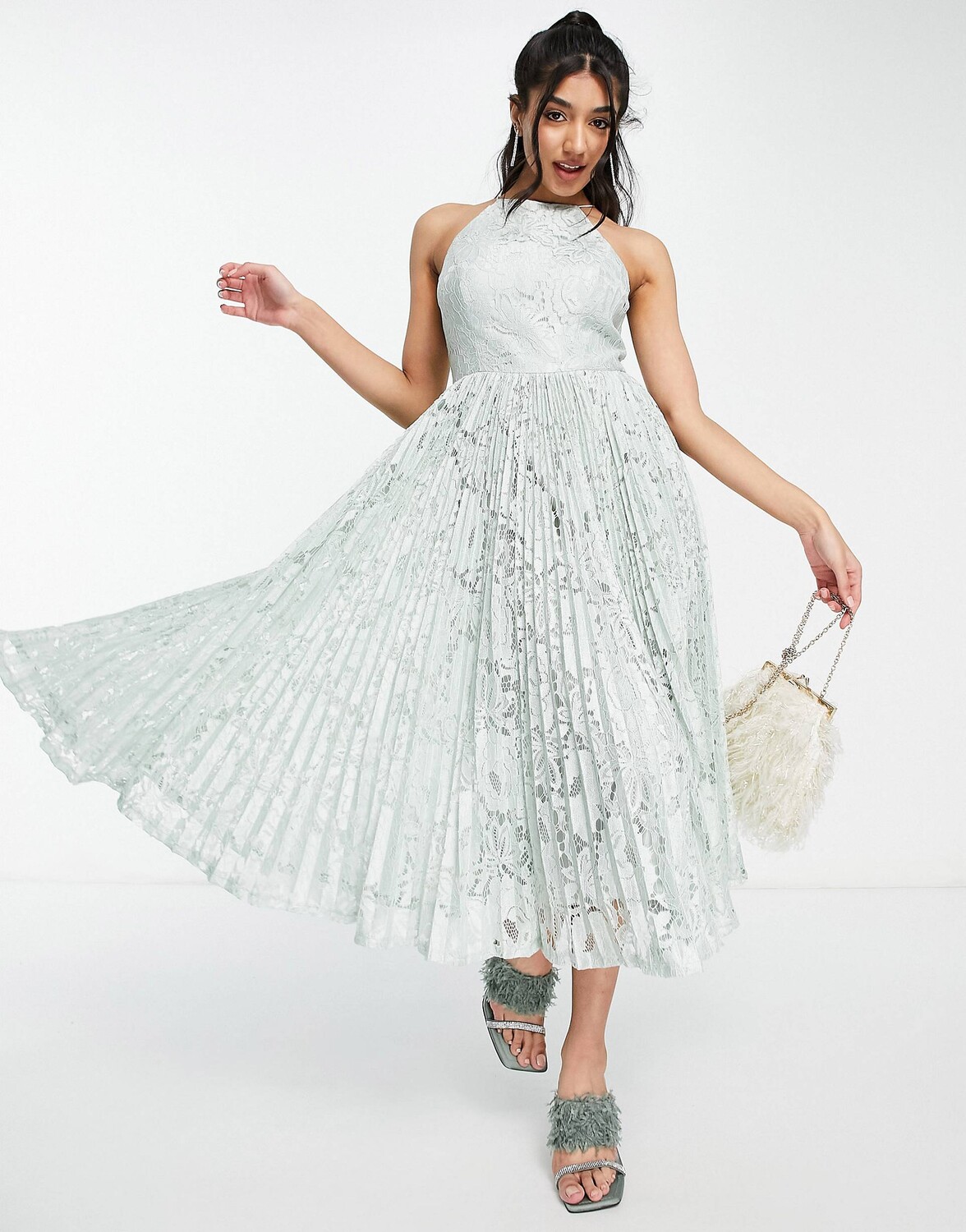 

Кружевное платье миди цвета шалфейного цвета со складками ASOS DESIGN