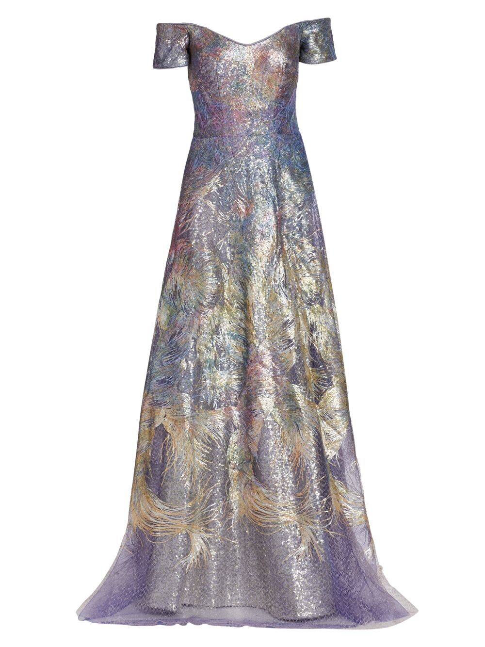 

Расшитое блестками платье с открытыми плечами Rene Ruiz Collection, серебряный