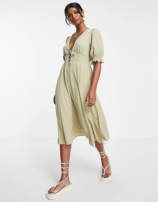 

Чайное платье миди цвета хаки с завязкой спереди ASOS DESIGN