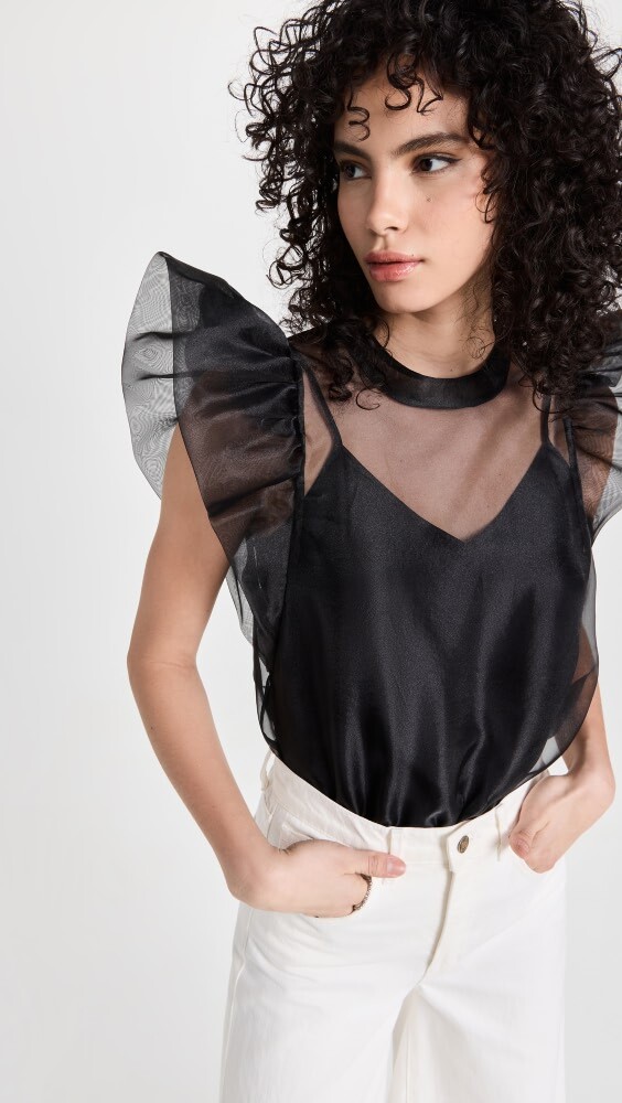 

Топ SIMKHAI Corina Organza Ruffle Sleeve Crew Neck, черный