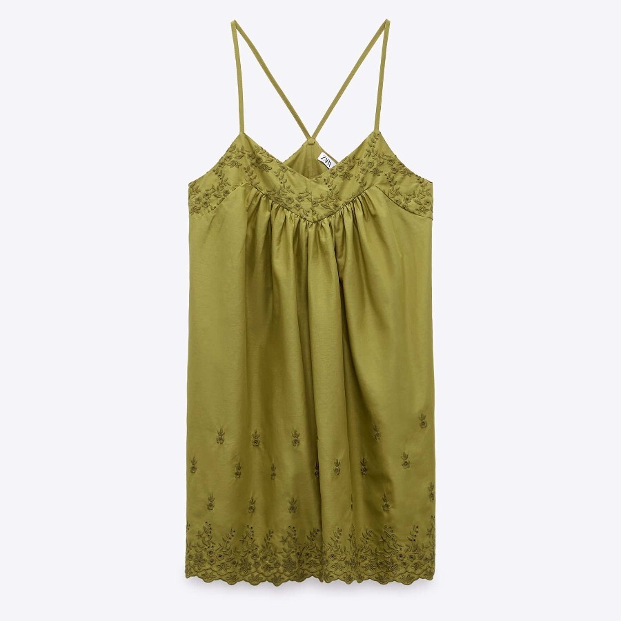 

Платье Zara Embroidered, светлый хаки