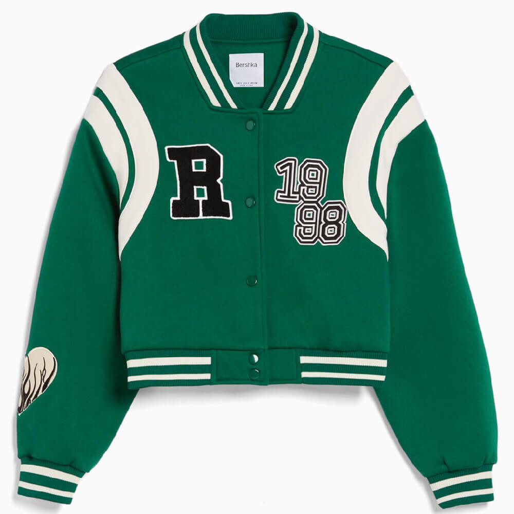 

Куртка Bershka Cropped Varsity, зеленый/белый