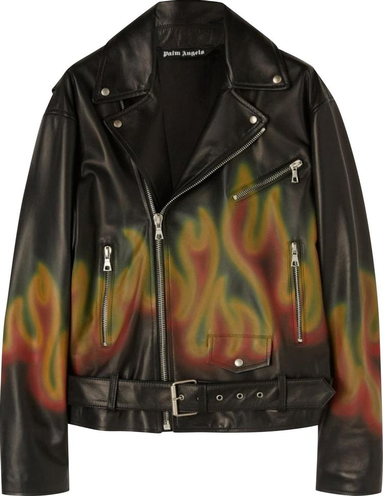 Куртка Palm Angels Burning Leather Jacket 'Black/White', черный - фото