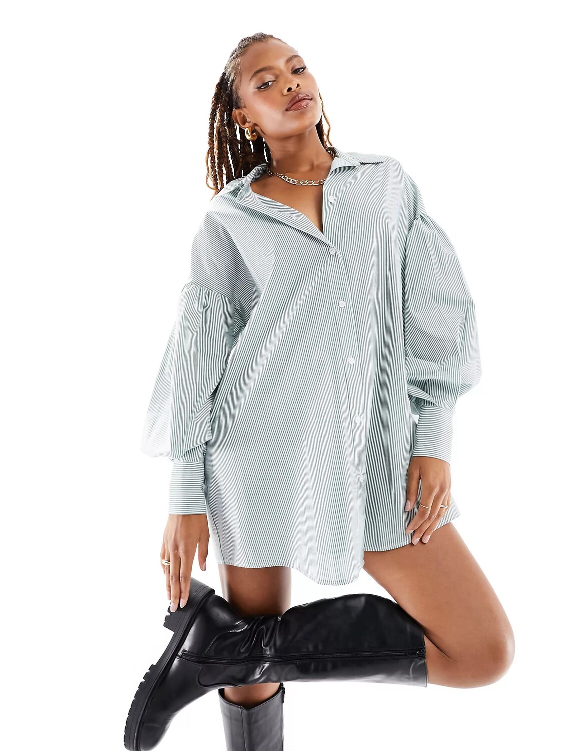 

Платье мини Asos Design Boyfriend Shirt With Blouson Sleeve In Stripe, зеленый/белый