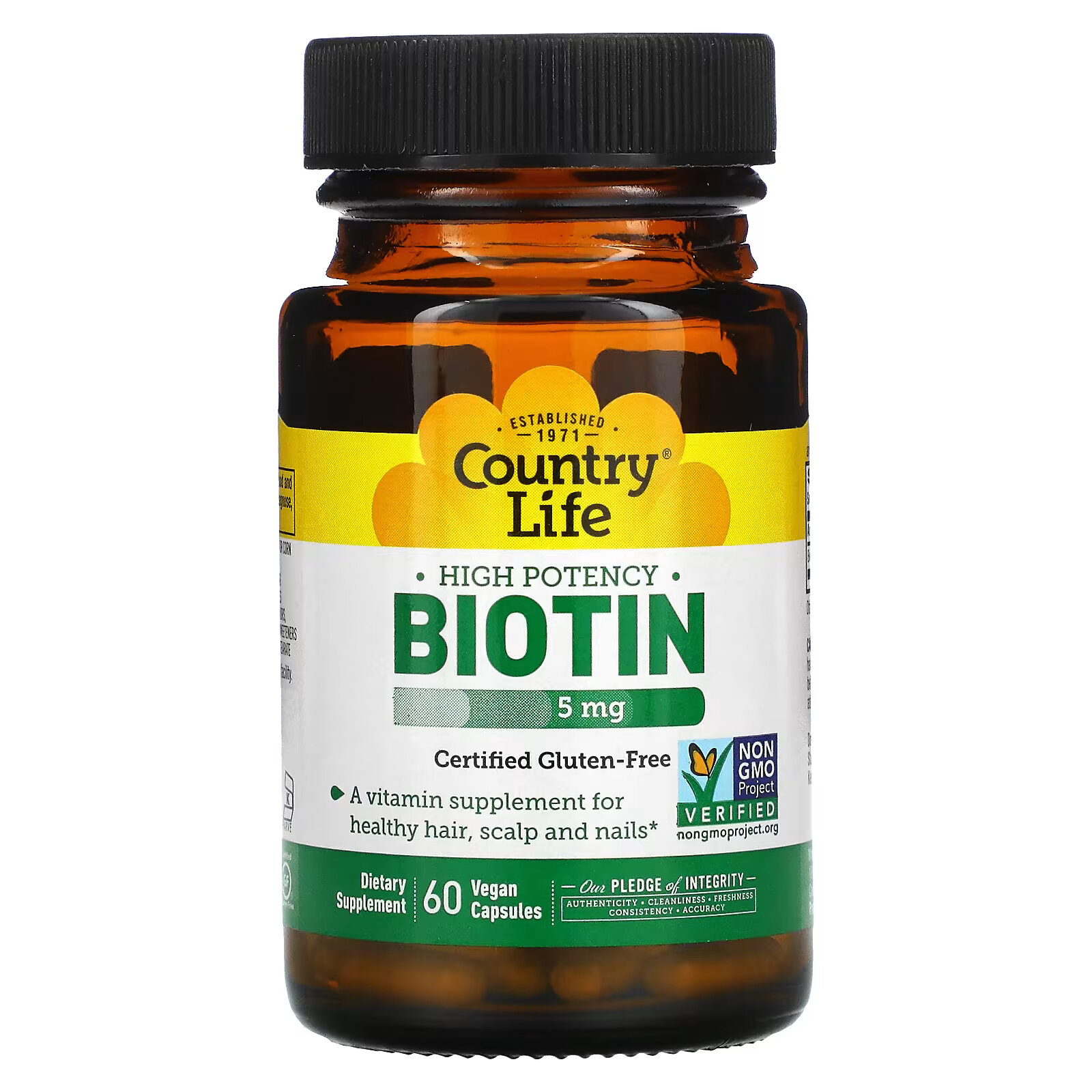 Country Life, высокоэффективный биотин, 5 мг, 60 вегетарианских капсул country life 5 гидрокситриптофан 50 мг 50 вегетарианских капсул
