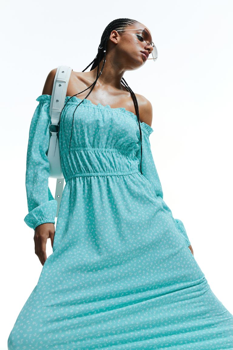 Платье с открытыми плечами H&M, бирюза/цветы улучшенная подставка под плечи в немецком стиле регулируемые деревянные подставки под плечи для скрипки 3 4 4 4