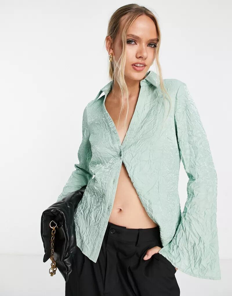 

ASOS Атласная рубашка приталенного кроя с жатой отделкой в ​​стиле 90-х шалфейного цвета