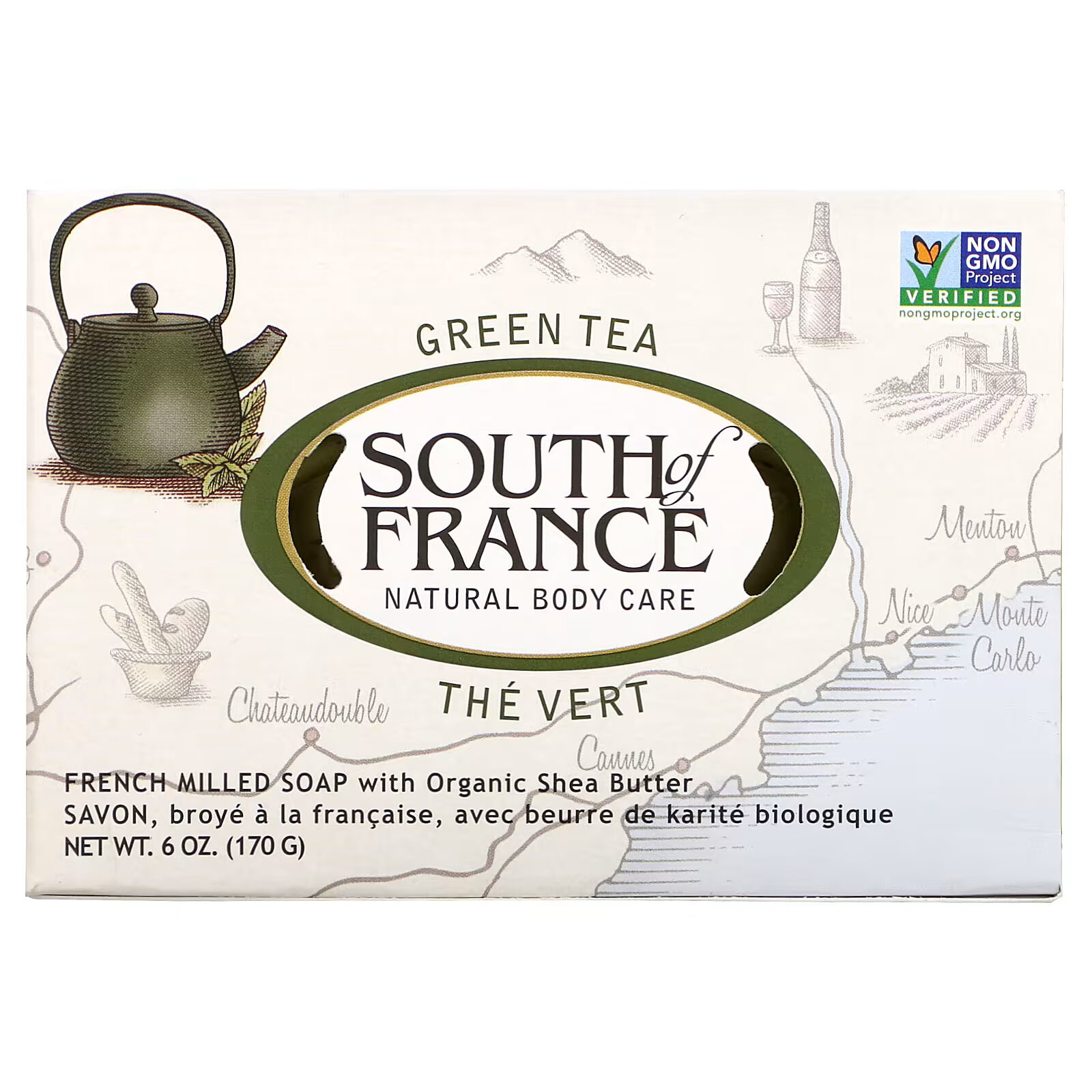 South of France, Green Tea, Кусковое мыло французского измельчения с органическим маслом ши, 6 унций (170 г) south of france лавандовое поле мыло с органическим маслом ши изготовленное по французскому рецепту 170 г 6 унций
