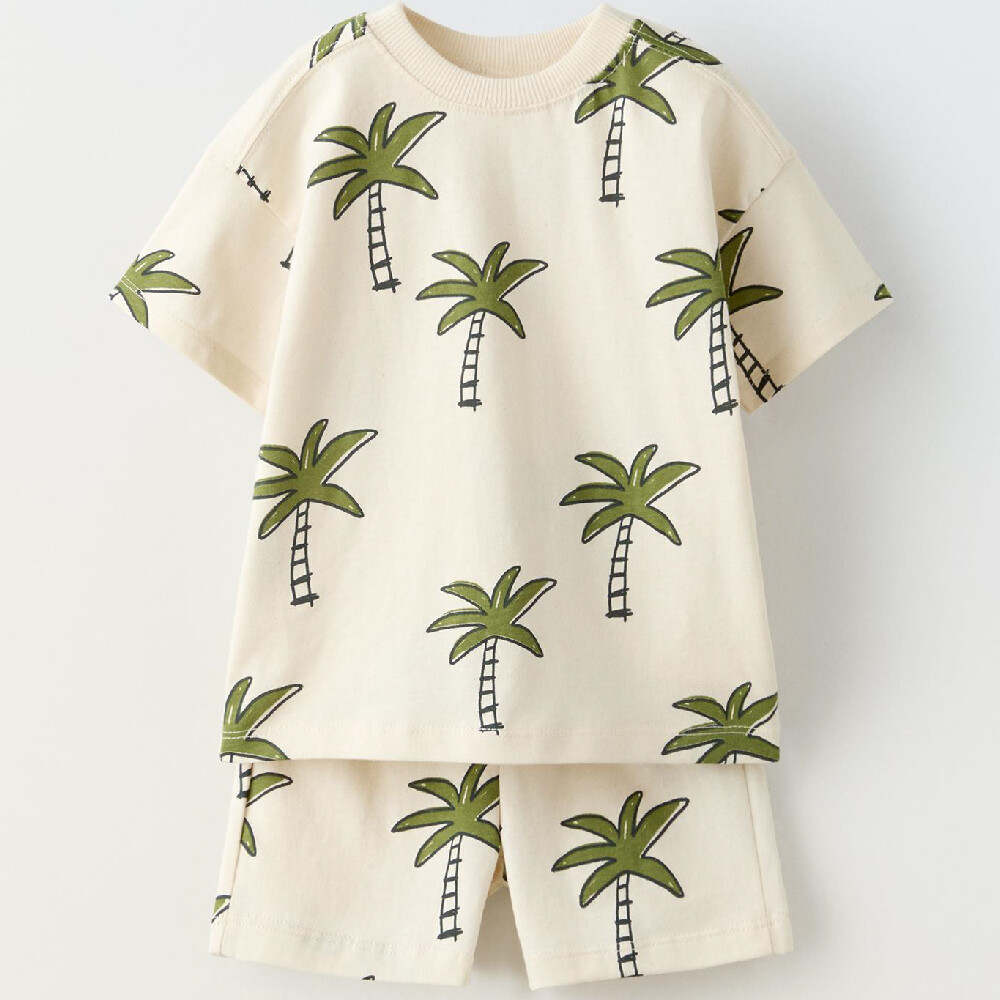 цена Костюм Zara Palm Tree And Bermuda Jogging Co-ord, светло-бежевый/темно-зеленый