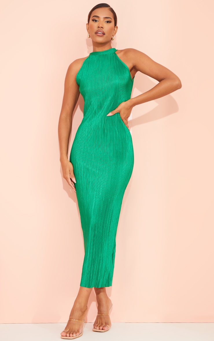 PrettyLittleThing Зеленое платье-миди с высоким воротом и плиссировкой