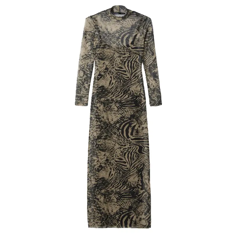 

Платье Bershka Long Tulle With Long Sleeves And A Print, коричневый