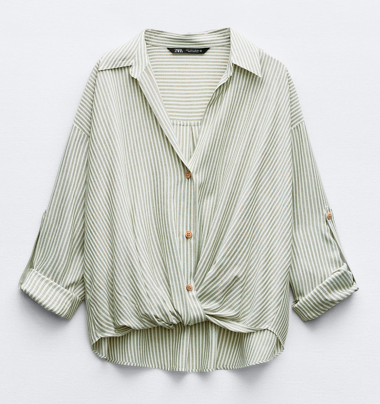 цена Рубашка Zara Metallic Thread Striped With Knot, зеленый