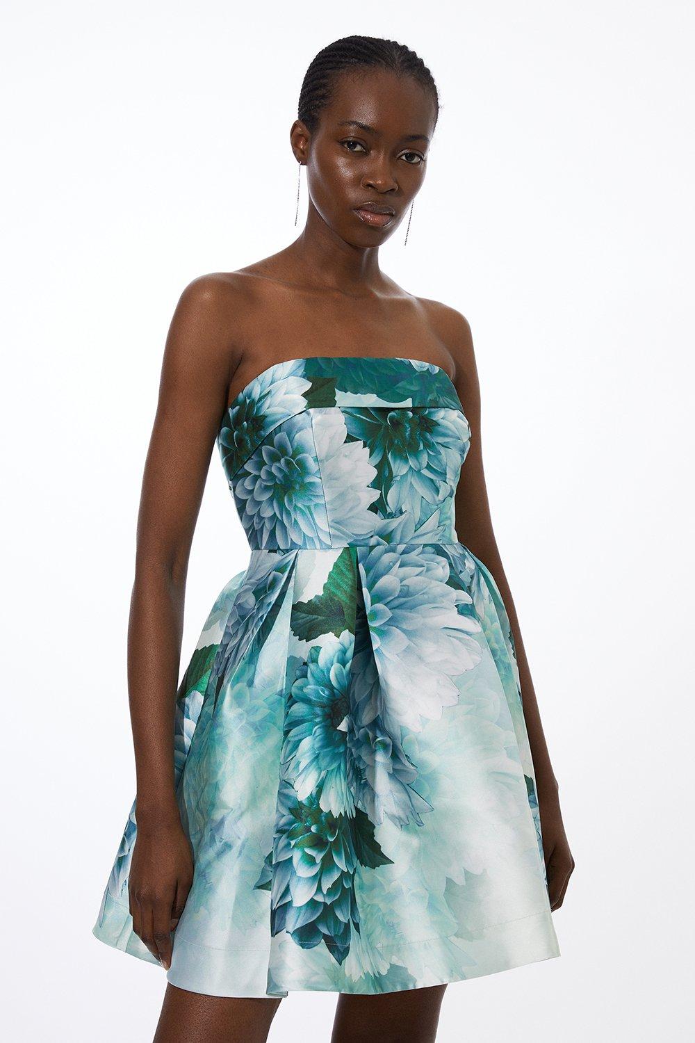 Тканое мини-платье для выпускного с высоким цветочным принтом Karen Millen, зеленый