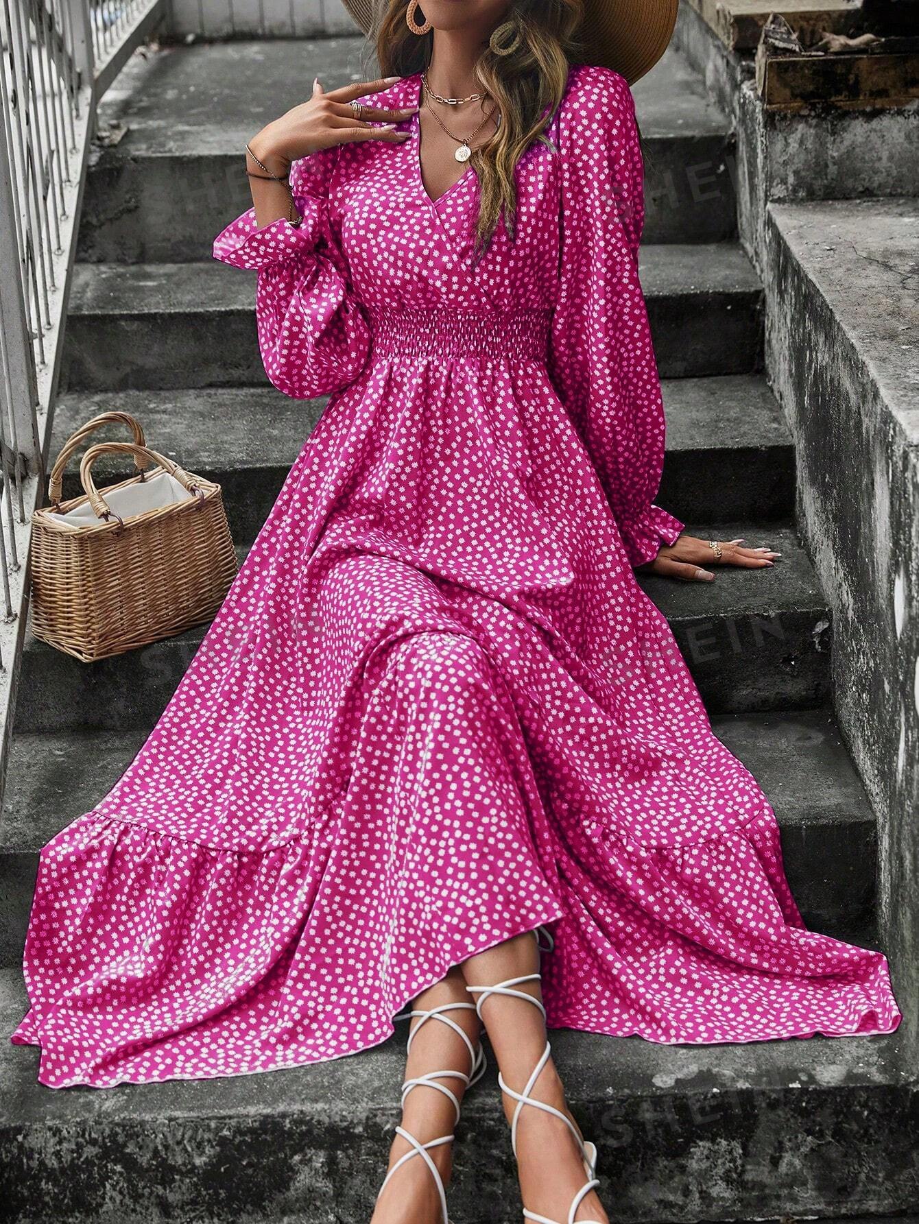 цена SHEIN LUNE Женское платье миди с запахом на талии и растительным принтом, красный фиолетовый