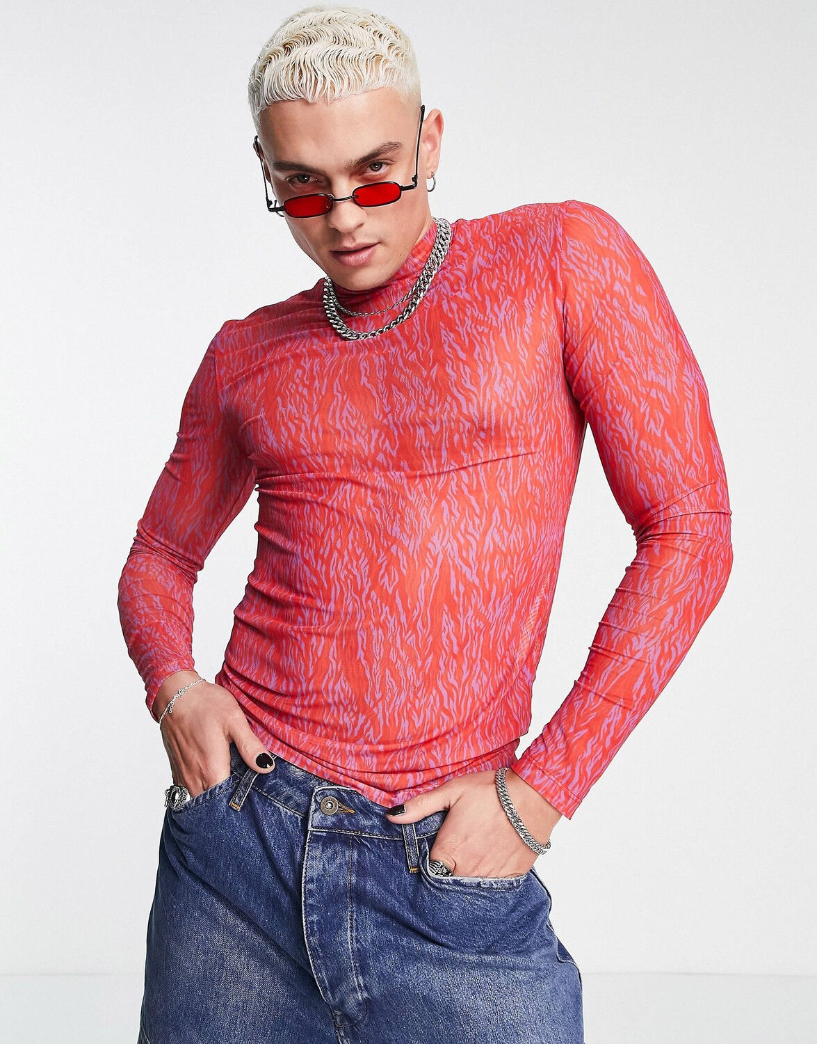 

Красная сетчатая футболка с высоким воротником и длинными рукавами ASOS DESIGN - RED, Красный