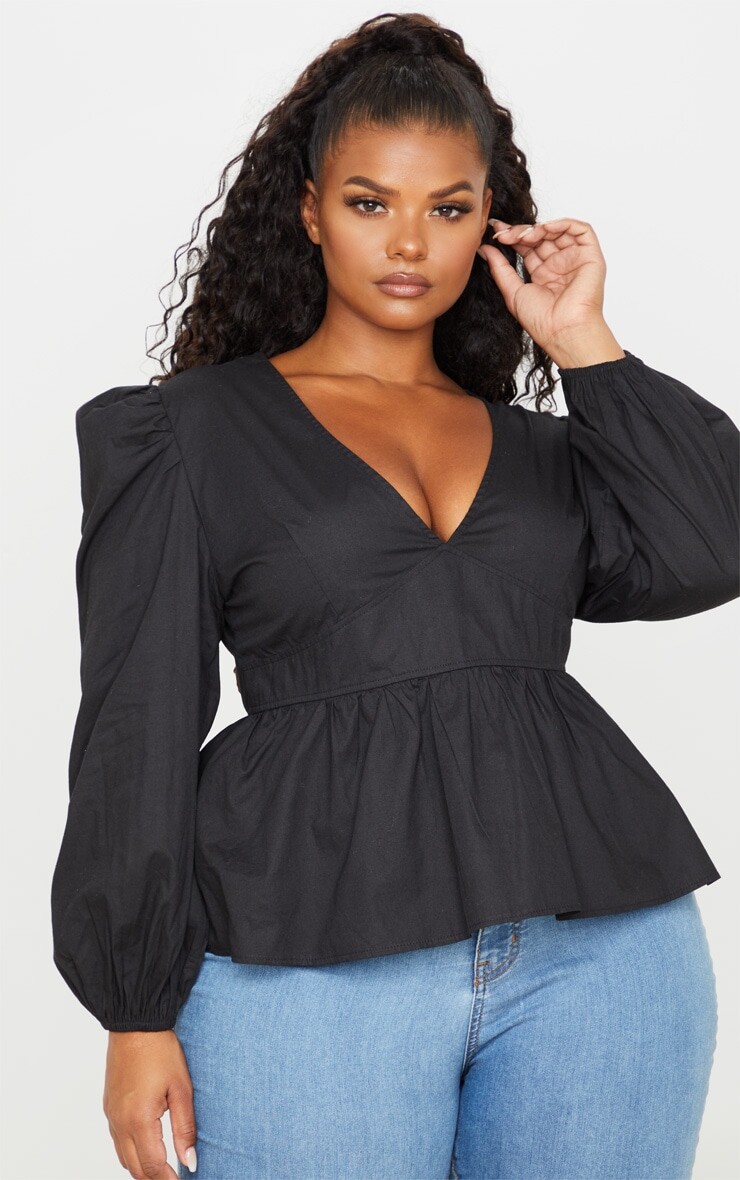 

PrettyLittleThing Черная блузка Plus с глубокими рукавами-буфами и оборкой по краю