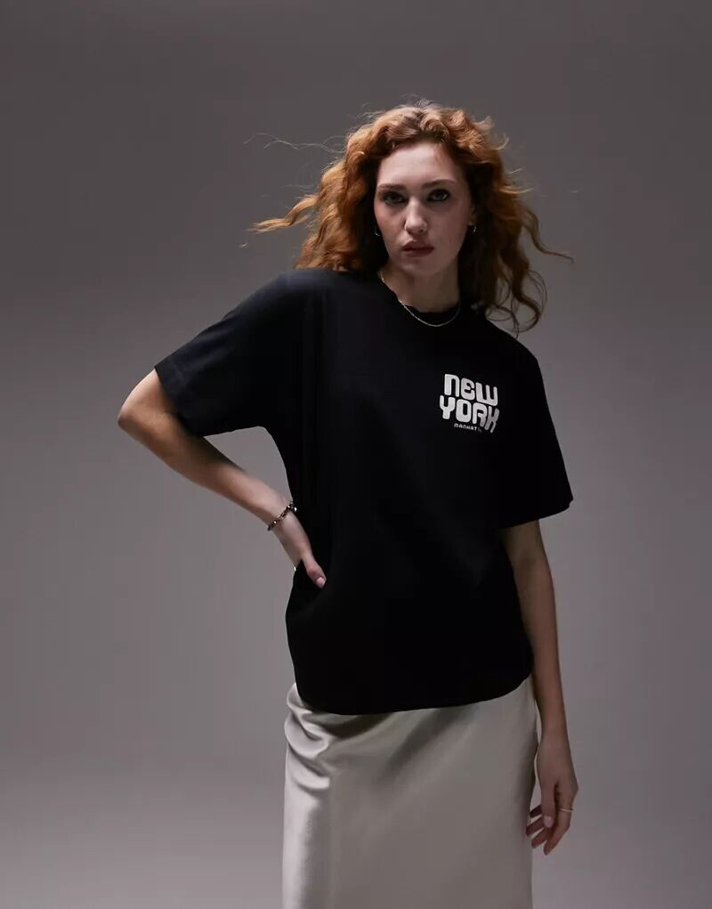 

Черная базовая футболка премиум-класса Topshop с графикой Нью-Йорка