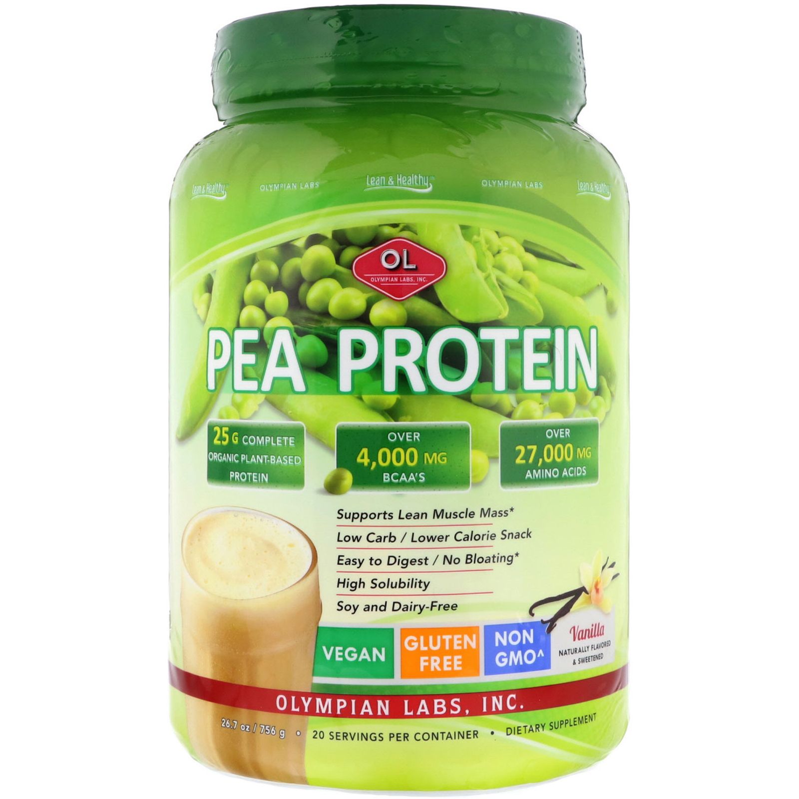 цена Olympian Labs Lean & Healthy Гороховый протеин с ванильным вкусом 736 г
