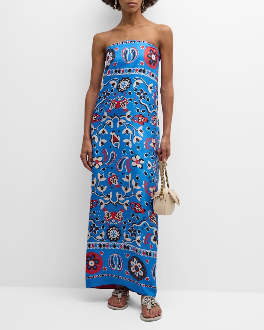 

Макси-платье без бретелек из шелкового твила с цветочным принтом Tory Burch
