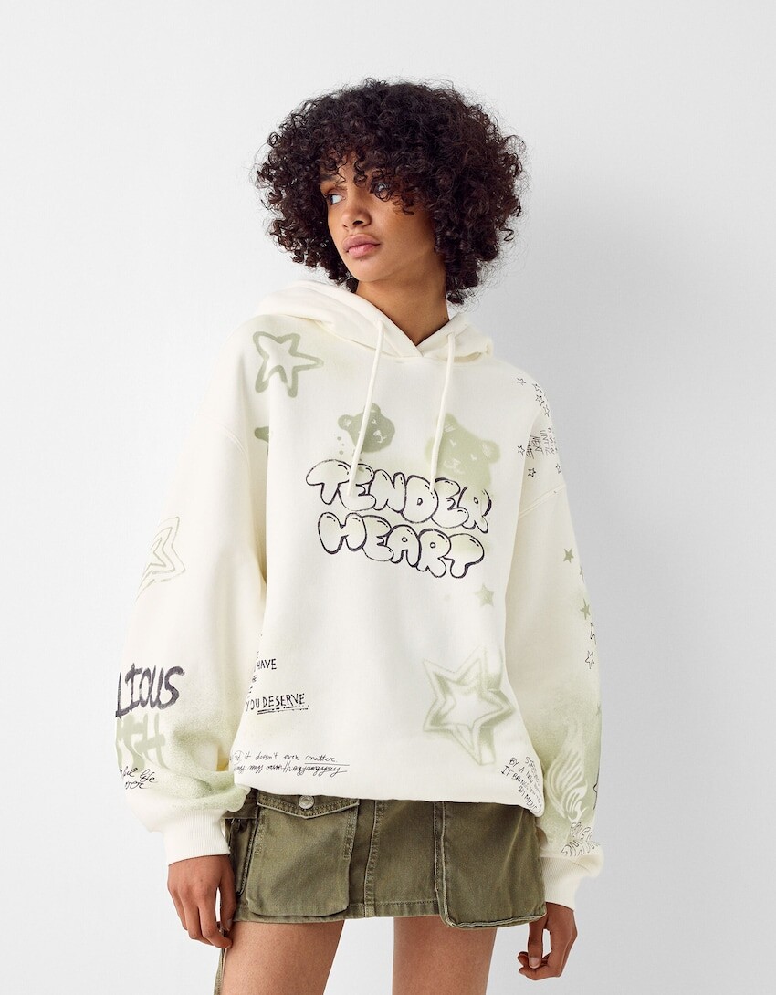 

Толстовка с капюшоном и принтом Bershka, экрю