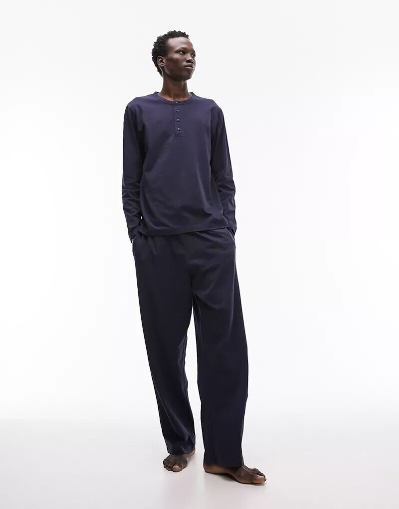

Темно-синий комплект для отдыха с длинными рукавами и джоггерами Topman henley