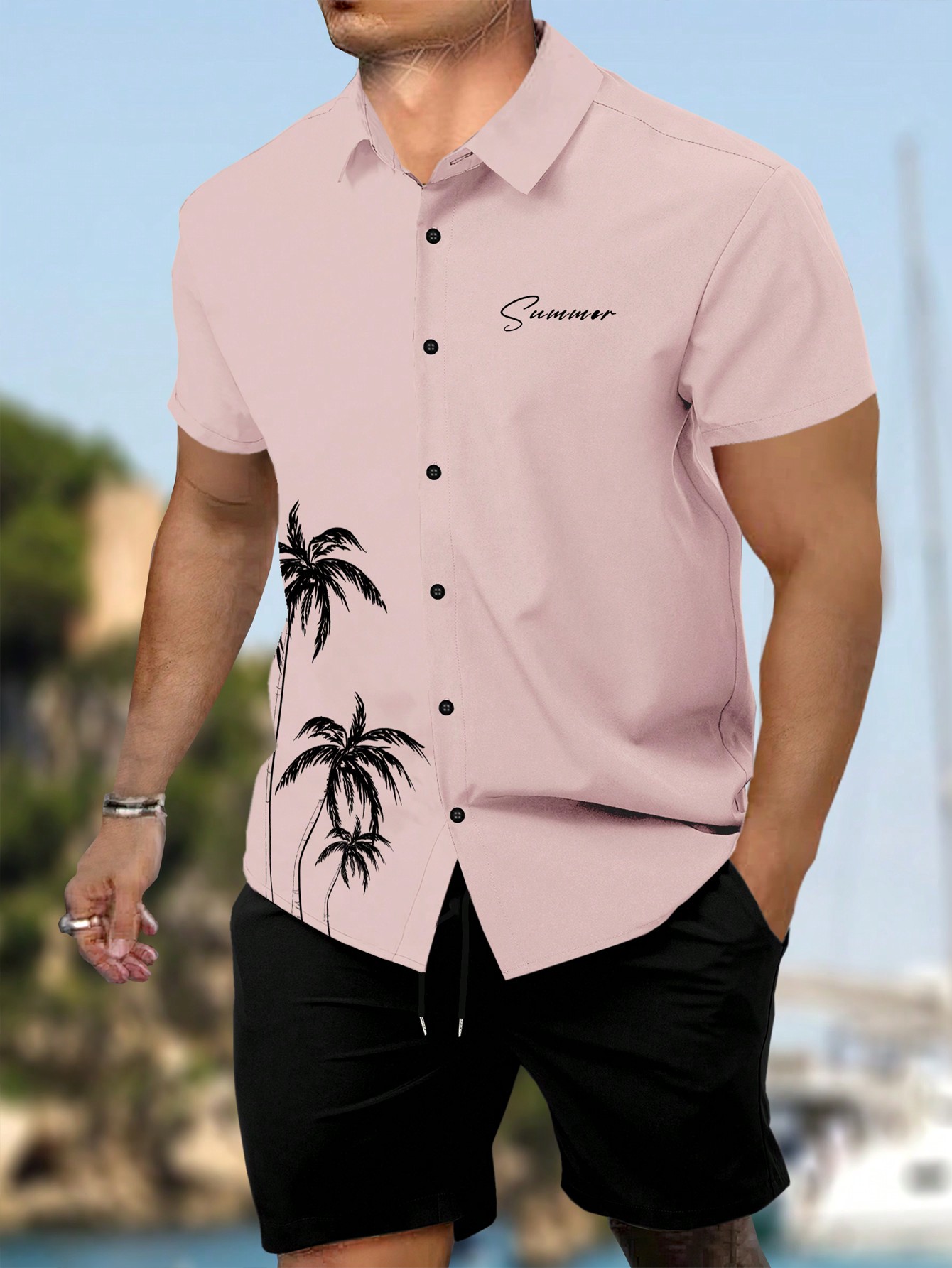 Мужской комплект из рубашки и шорт с короткими рукавами и принтом пальм и букв Manfinity Chillmode, многоцветный
