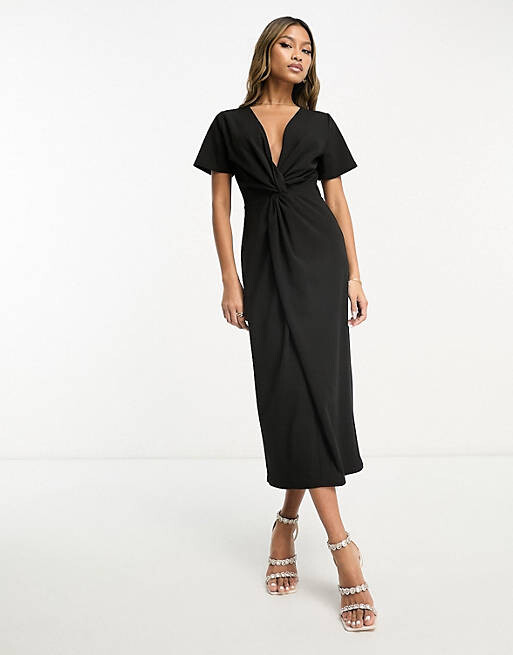 

Черное платье миди с короткими рукавами и закрученным передом ASOS DESIGN