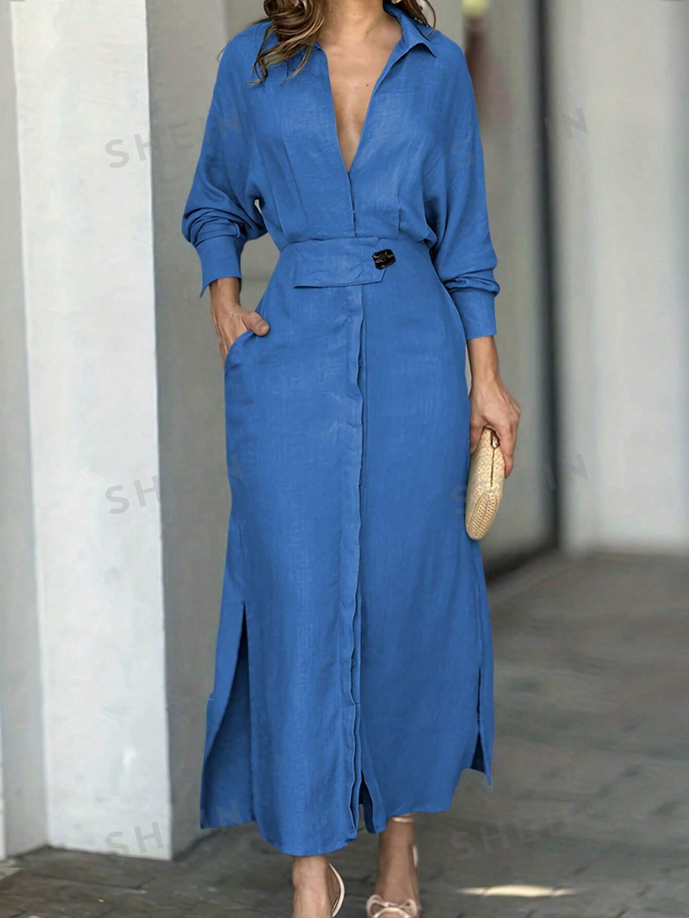 SHEIN Privé Однотонное платье макси с v-образным вырезом, синий платье макси женское летучая мышь с рукавом летучая мышь