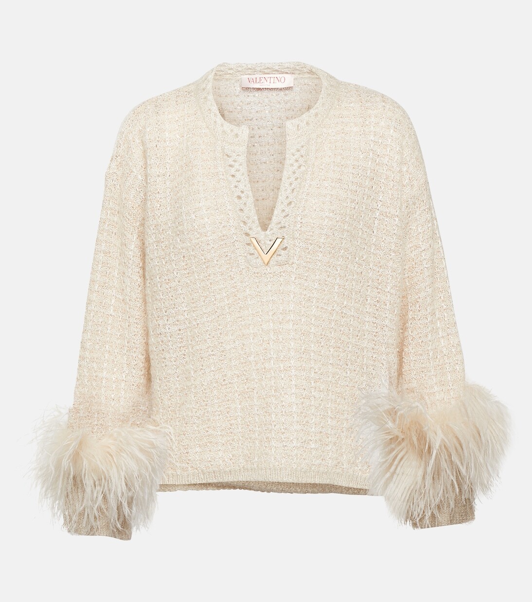 

Свитер из ламе с отделкой перьями vgold Valentino, белый