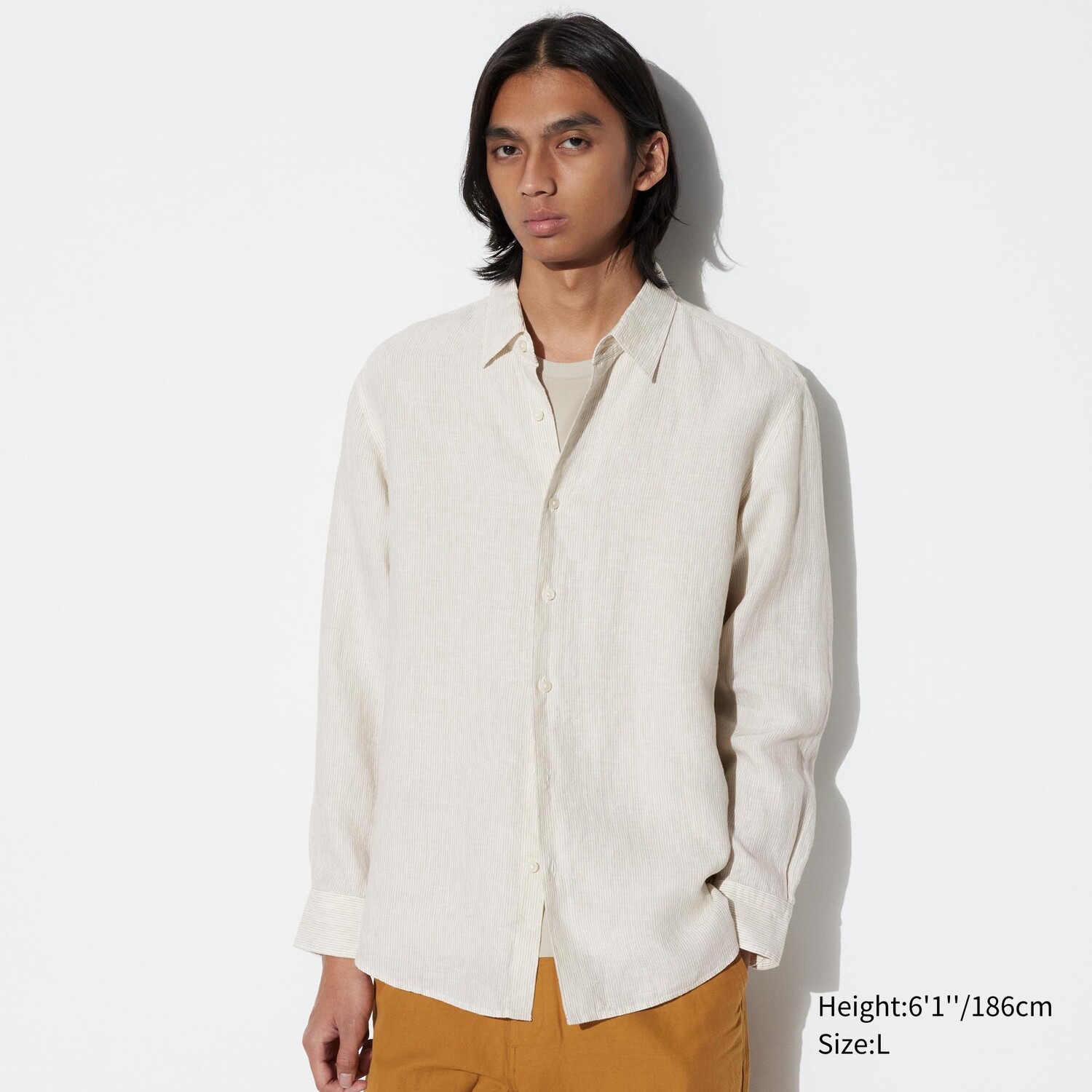 

Рубашка из 100% премиум льна в полоску UNIQLO, слоновая кость