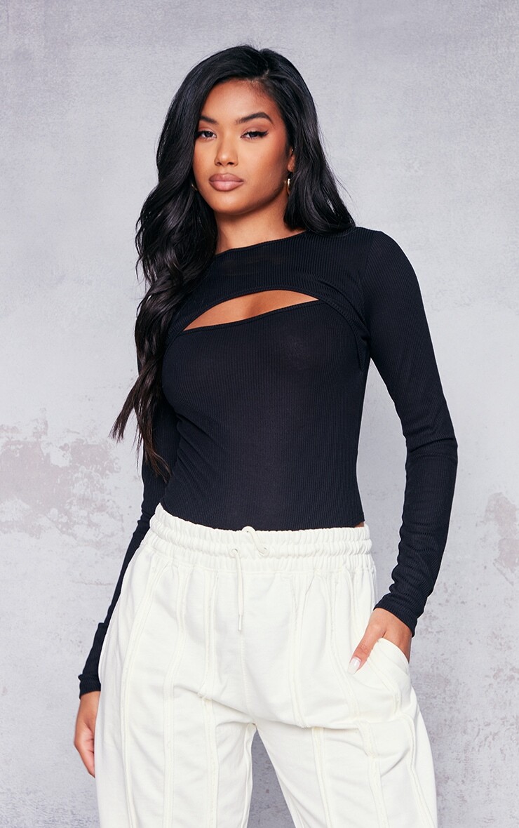 

PrettyLittleThing Черное боди с вырезом в рубчик и длинными рукавами