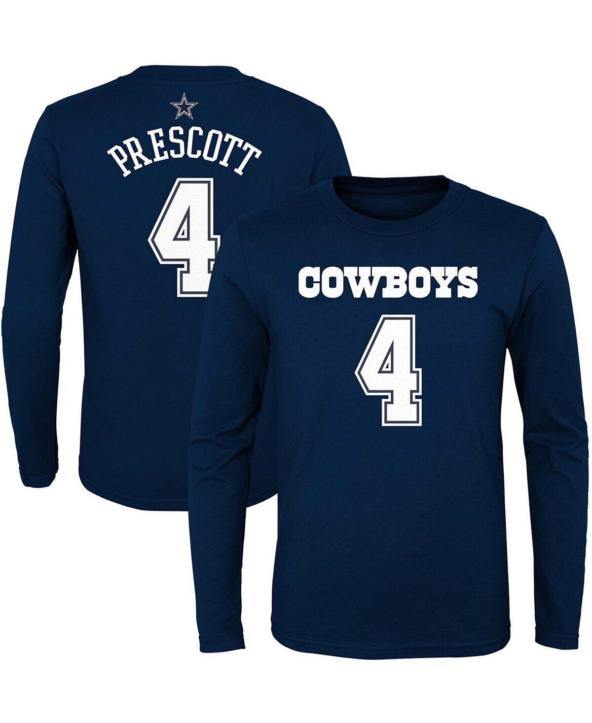 

Темно-синяя футболка Big Boys Dak Prescott Dallas Cowboys Mainliner с именем игрока и номером с длинными рукавами Outerstuff