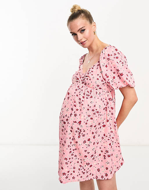

Розовое мини-платье с пышными рукавами и цветочным принтом Wednesday's Girl Maternity, Розовый